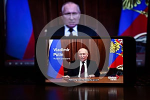 Vladimir Putin on the news. President of Russian speech on TV. Russia and Ukraine war