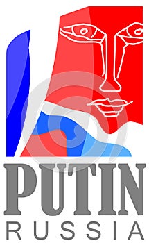 Vladimir Putin sign. President of Russia Federation. Stylized portrait wiht flag.