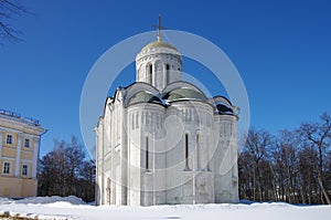 Vladimir, Russia - March, 2021: Cathedral of Saint Demetrius in winter sunny day