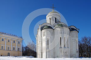 Vladimir, Russia - March, 2021: Cathedral of Saint Demetrius in winter sunny day