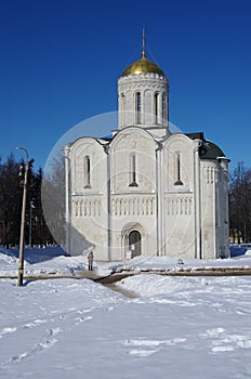 Vladimir, Russia - March, 2021: Cathedral of Saint Demetrius in winter sunny day