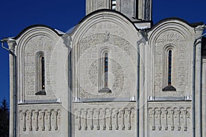 Vladimir, Russia - March, 2021: Cathedral of Saint Demetrius in winter sunny day