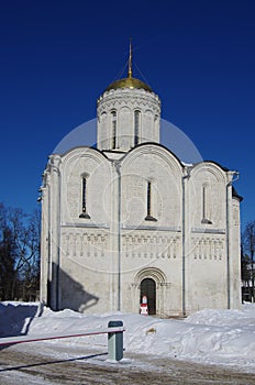 Vladimir, Russia - March, 2021: Cathedral of Saint Demetrius in winter sunny day