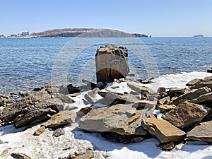 Vladivostok, Patroclus Bay in the Ussuri Bay of the Sea of Japan in March in sunny weather