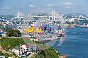 Vladivostok, Russia - circa August 2015: Commercial trade port in Vladivostok, Russia