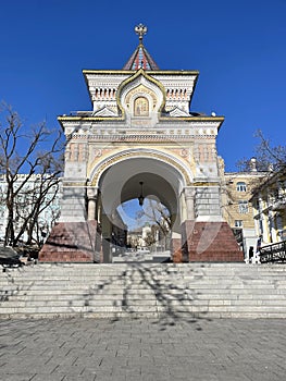 Vladivostok, Russia, January, 31, 2022. Triumphal Nicholas arch of the Tsarevich. Vladivostok, winter