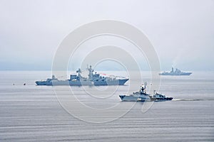 Vladivostok, Russia, July, 29,2018. IPC-17 `Ust-Ilimsk` small anti-submarine ship project 1124M. Board number 362