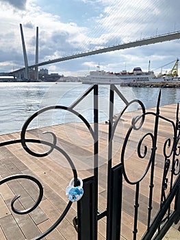 Vladivostok, Russia, October, 26, 2019. White lock with blue flowers on the fence of the Tsarevich embankment in Vladivostok