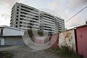 VLADIVOSTOK, RUSSIA - 03/09/2021 a soviet empty abandoned unfinished haunted residential concrete panel house building