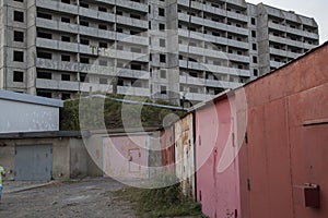 VLADIVOSTOK, RUSSIA - 03/09/2021 a soviet empty abandoned unfinished haunted residential concrete panel house building