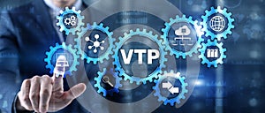 VLAN Trunking Protocol. Technology networks cocept. Blue Background.