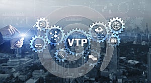 VLAN Trunking Protocol. Technology networks cocept. Blue Background