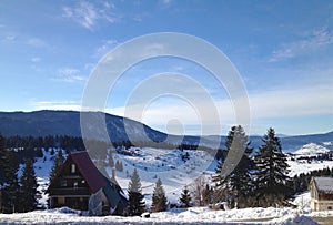 Vlasic mountain in winter - landscape view with a cabin upfront