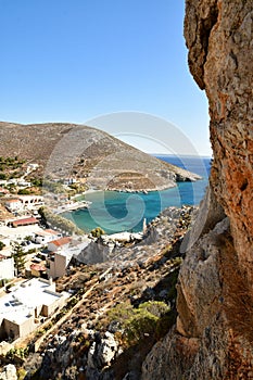 vlichadia bay from climbing rock above kalymnos greece