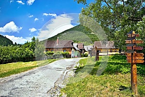 Vlkolinec - mountain village with a folk architecture typical of the Central European type. Typical entrance to a settlement with