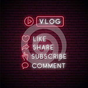Vlog neon sign. Set of glowing neon icons for blogging.