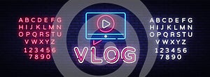 Vlog neon sign vector design template. Blogging neon logo, light banner design element colorful modern design trend