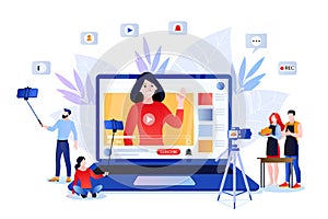 Vlog and video content creation for social networks. Vector illustration of lifestyle bloggers and influencers
