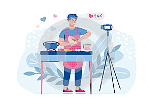 Vlogger filming cooking food, flat cartoon vector illustration isolated