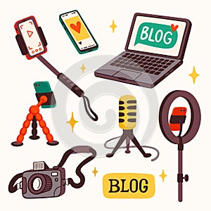 Vlogging, equipment for making a blog or vlog vector illustration. Set of cartoon digital devices for making internet
