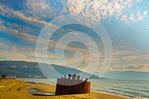 VLORA - VLORE, ALBANIA: Detail of the U8 submarine on the beach in Vlora.