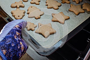 Vlose-up partial view of person putting christmas cookies into oven photo