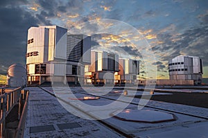 The VLT, Very Large Telescope complex at sunset