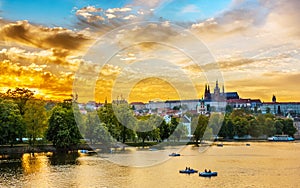 Vltava river with boats, Prague, Czech Republic