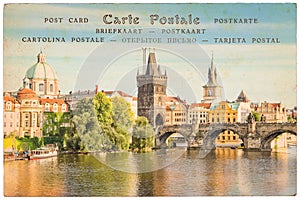 Vltava river and Charles bridge, Prague, Czech republic, collage on vintage postcard background, word postcard in several