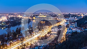 Vltava River and Vysehrad in Podoli. Winter evening view from Branik rocks. Prague, Czech Republic