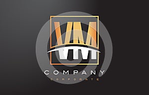 VM V M Golden Letter Logo Design with Gold Square and Swoosh.