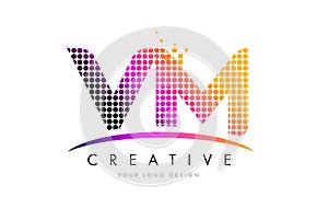 VM V M Letter Logo Design with Magenta Dots and Swoosh