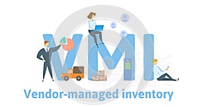 VMI, Vendor Managed Inventory. Concept with keywords, people and icons. Flat vector illustration. Isolated on white