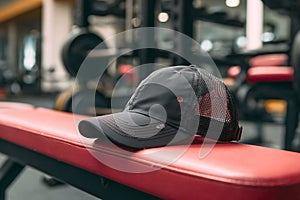 vModern sports cap with mesh back on gym bench with weights