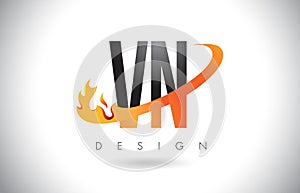 VN V N Letter Logo with Fire Flames Design and Orange Swoosh.