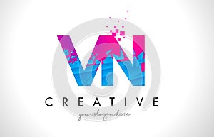 VN V N Letter Logo with Shattered Broken Blue Pink Texture Design Vector. photo