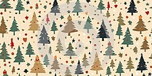 Vntage Christmas seamless pattern background, fir trees with beige color. Vector illustration in