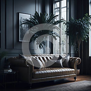 Vntage Kensington Leather Sofa in Luxury Living Room Interior, Soft Light From Window, Green Pot Plant, Wood Parquet Generative Ai