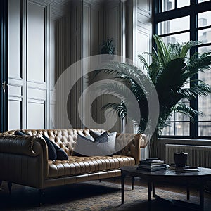 Vntage Kensington Leather Sofa in Luxury Living Room Interior, Soft Light From Window, Green Pot Plant, Wood Parquet Generative Ai