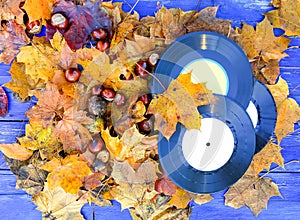 Vntage vinyl records on aged wooden background with fall autumn leaves and chestnuts