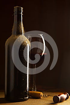 Vntage wine bottle and wineglass