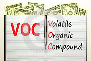 VOC volatile organic compound symbol. Concept words VOC volatile organic compound on beautiful white note. Beautiful dollar bills