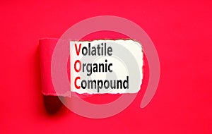 VOC volatile organic compound symbol. Concept words VOC volatile organic compound on beautiful white paper. Beautiful red