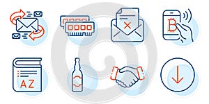 Vocabulary, E-mail and Bitcoin pay icons set. Beer bottle, Scroll down and Reject letter signs. Vector