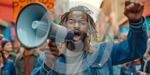 Vocal African American Activist Leading Protest With Megaphone, Space For Text