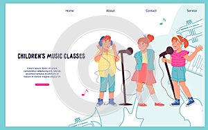 Vocal classes for children website template with kids singing songs, flat vector.