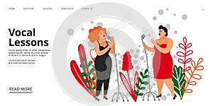 Vocal lessons landing page. Vector singing school web page template. Musicians, singers illustration