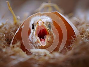 Vocal newborn chick in a nest, its beak wide open in a natural instinct