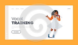 Vocal Training Landing Page Template. Little African Girl Holding Microphone Sing on Stage, Baby Vocalist Singing Song