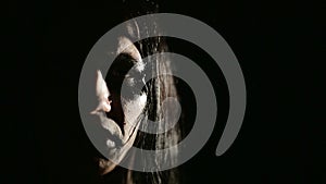 Vocalist of black metal band. Close up face at dark background